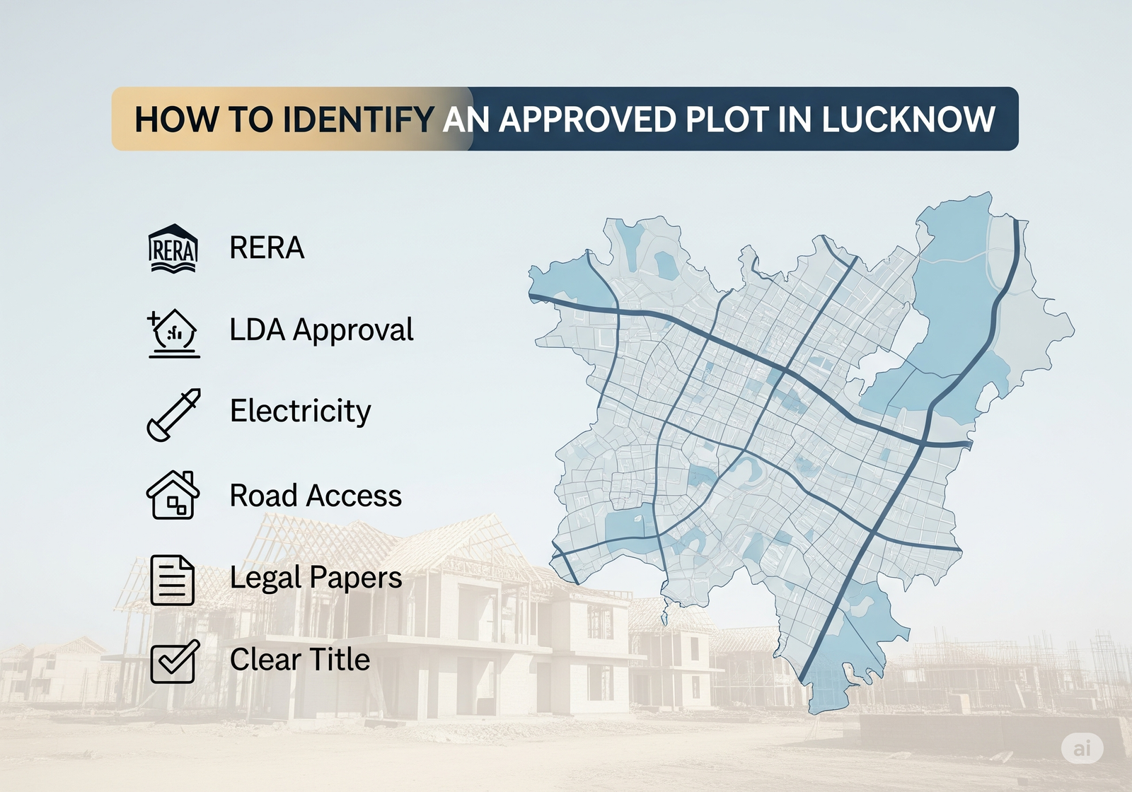 Checklist for buying approved plot in Lucknow with RERA, LDA, and legal document verification icons